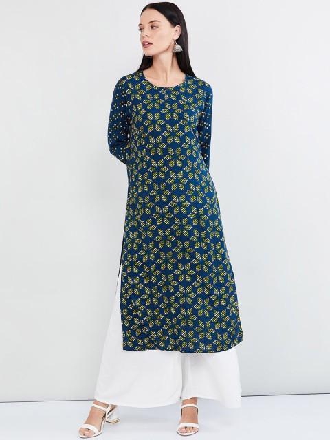 

max Women Blue & Yellow Printed Straight Kurta