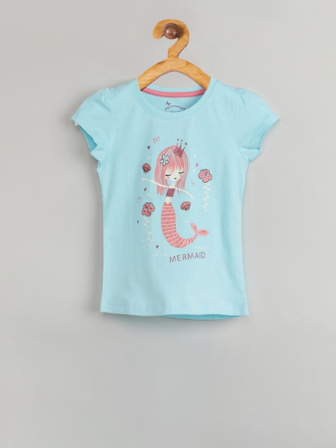 

max Girls Turquoise Blue Printed Round Neck T-shirt