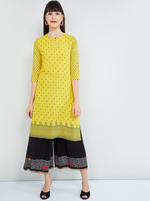 

max Women Mustard Yellow & Black Printed Straight Kurta