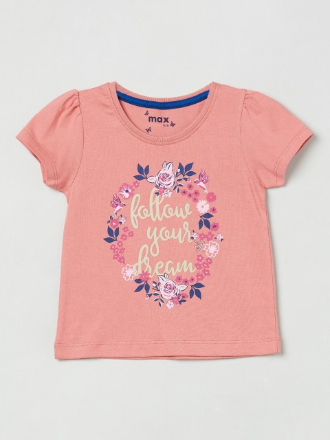 

max Girls Peach-Coloured Printed Round Neck T-shirt