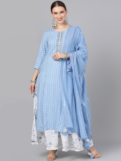 

AKS Couture Women Blue & White Printed Kurta with Sharara & Dupatta