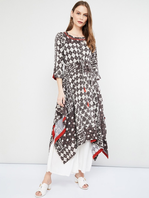 

max Women Brown & White Printed A-Line Kurta