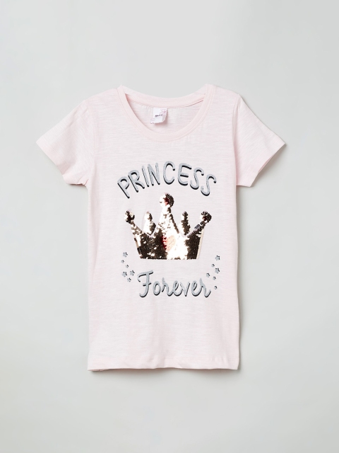 

max Girls Pink Printed Sequinnned Round Neck T-shirt