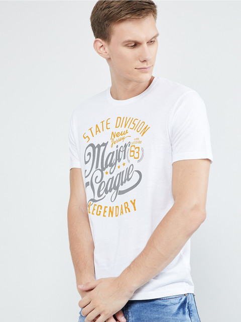 

max Men White Printed Round Neck T-shirt