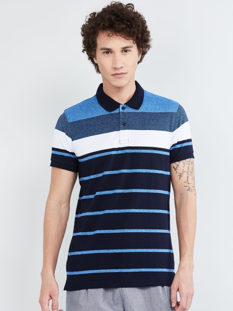 

max Men Blue Striped Polo Collar T-shirt