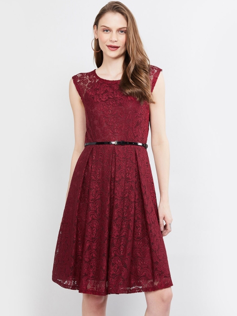 

max Women Maroon Self Design Fit and Flare Dress