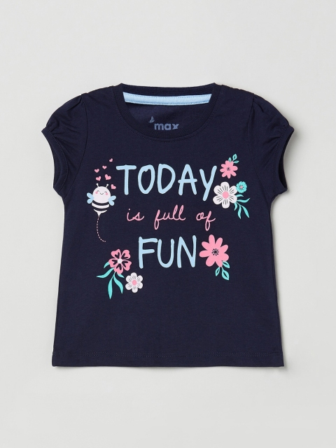 

max Girls Blue Printed Round Neck T-shirt
