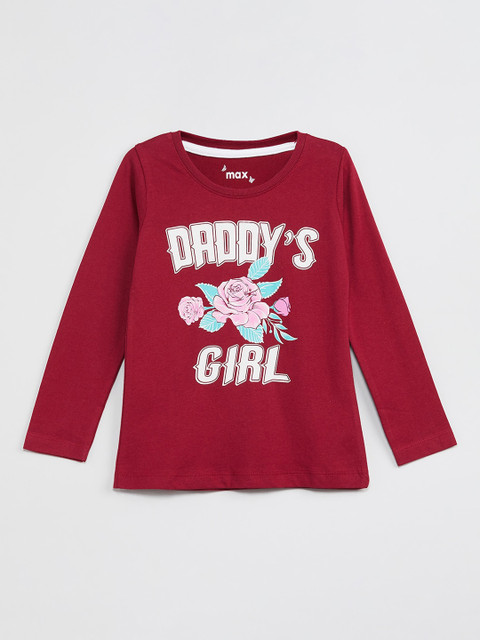 

max Girls Maroon Printed Round Neck T-shirt