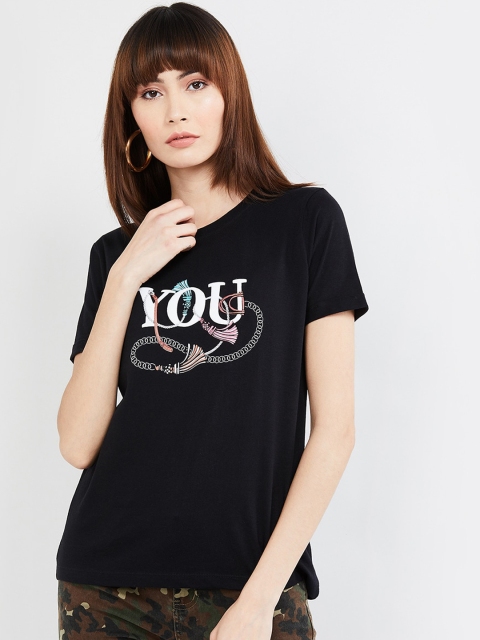max Women Black Printed Round Neck T-shirt
