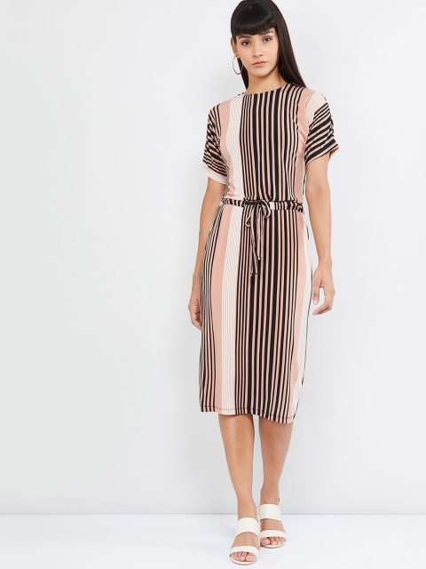 max Women Beige Striped Sheath Dress