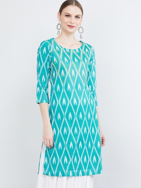 max Women Turquoise Blue & White Ikat Print Straight Kurta