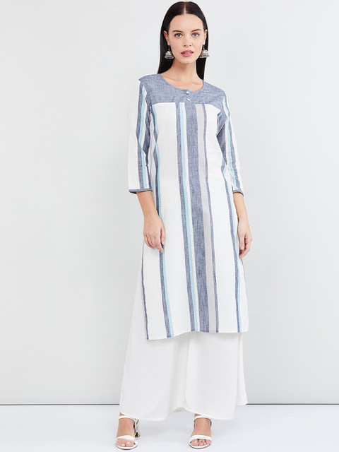 

max Women White & Blue Striped Straight Kurta
