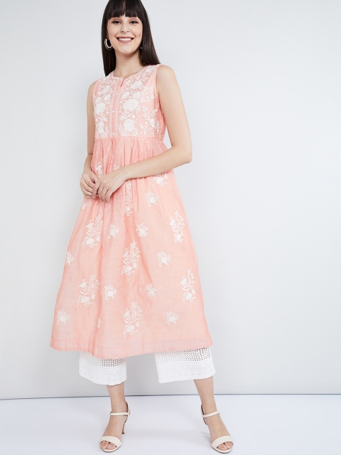 

max Women Peach-Coloured & White Embellished A-Line Chanderi Cotton Kurta