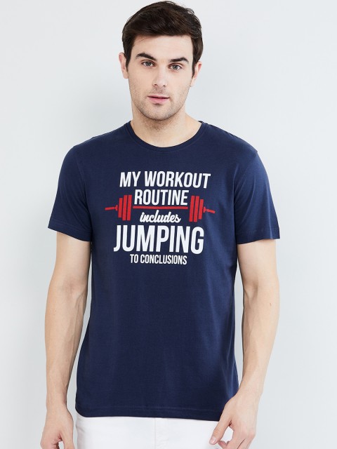 

max Men Navy Blue Printed Round Neck T-shirt