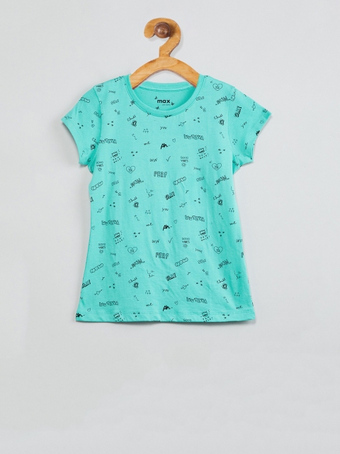 

max Girls Turquoise Blue Printed Round Neck T-shirt