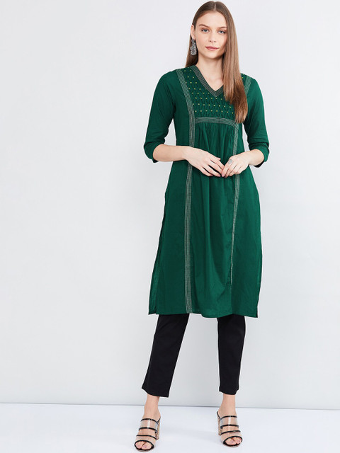 

max Women Green Solid A-Line Kurta