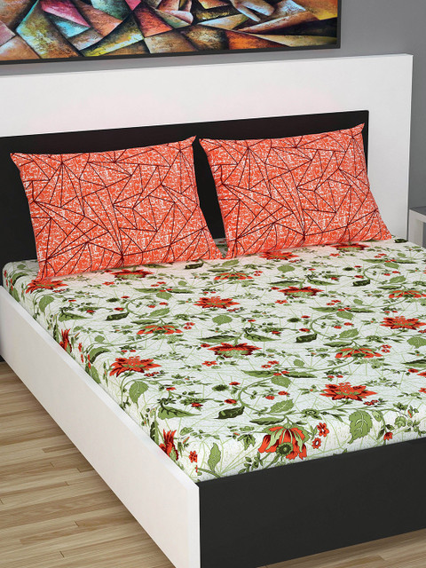

Divine Casa Orange & Green Floral 144 TC Cotton 1 Queen Bedsheet with 2 Pillow Covers