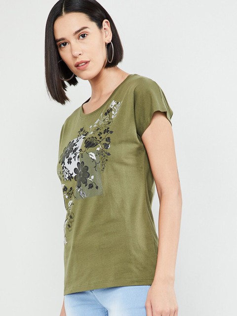 

max Women Olive Green Printed Round Neck T-shirt
