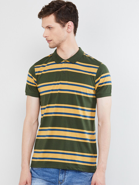 

max Men Yellow & Olive Green Striped Polo Collar T-shirt