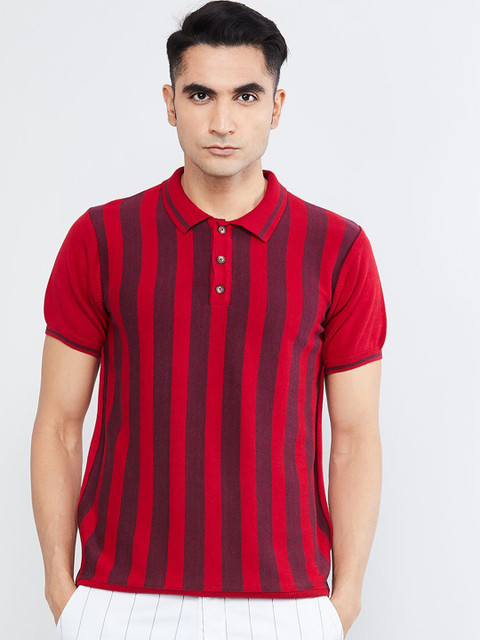 

max Men Burgundy & Red Striped Polo Collar T-shirt