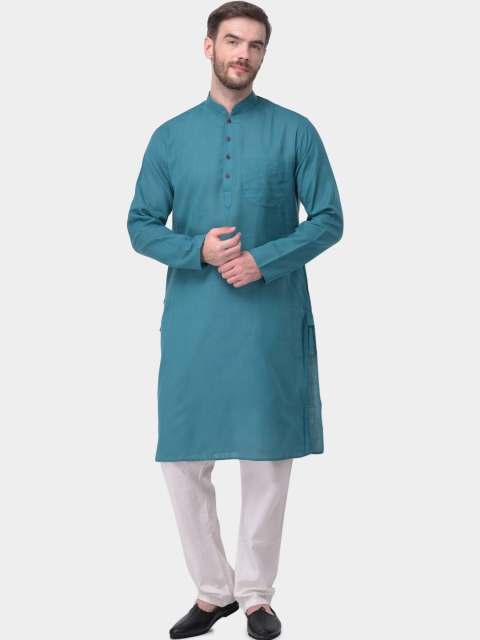 

SG LEMAN Men Turquoise Blue & White Solid Kurta with Pyjamas