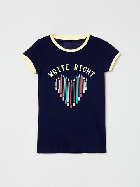 

max Girls Navy Blue & White Printed Round Neck T-shirt