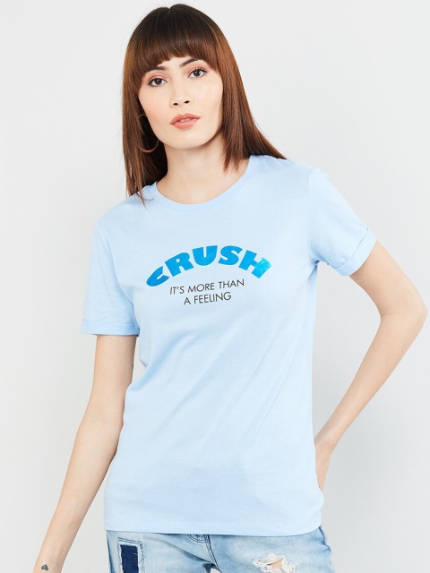 

max Women Blue Printed Round Neck T-shirt