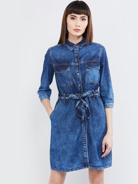 

max Women Blue Solid Denim Shirt Dress