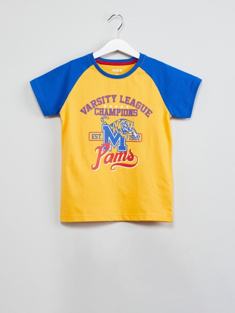 

max Boys Yellow & Blue Printed Round Neck T-shirt