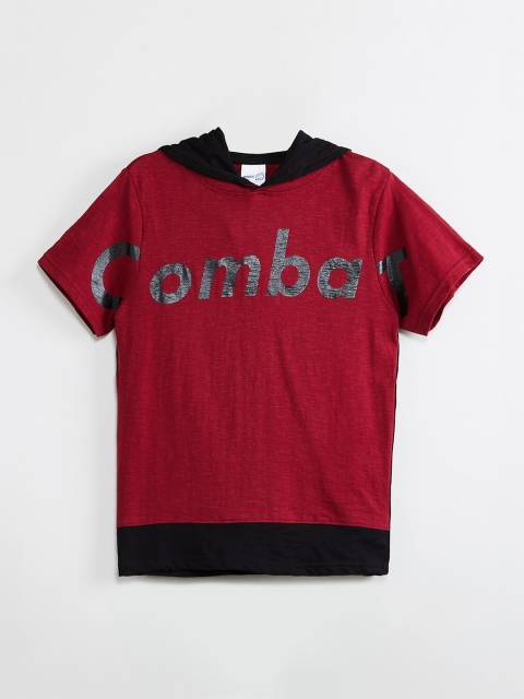 

max Boys Maroon & Grey Printed Hood T-shirt
