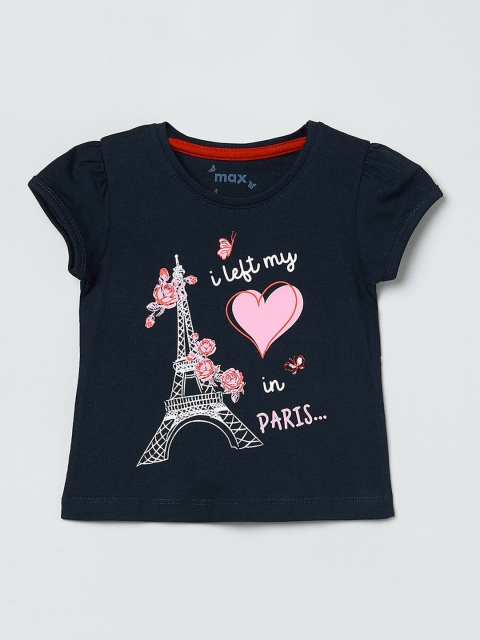 

max Girls Blue Printed Round Neck T-shirt
