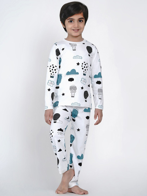 

berrytree Kids White Green Printed Organic Cotton Sustainable Night suit