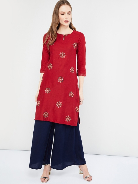 

max Women Maroon & Blue Floral Embroidered Straight Kurta