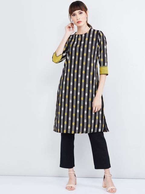 

max Women Black & White Striped Straight Kurta