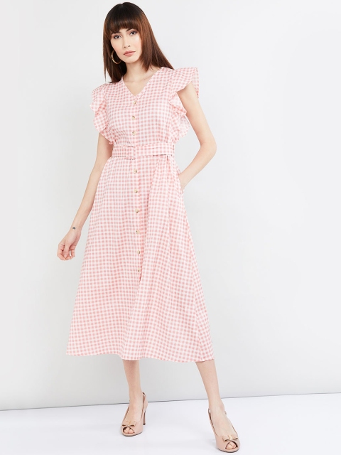 

max Women Coral Pink & White Checked Fit and Flare Dress