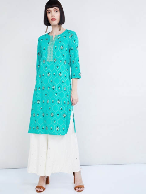 

max Women Sea Green & Gold Floral Print Straight Kurta