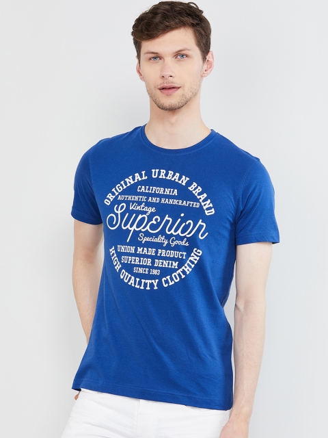 

max Men Blue Printed Round Neck T-shirt
