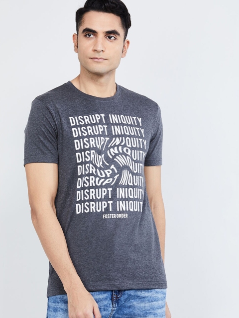 

max Men Charcoal Printed Round Neck T-shirt