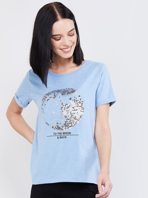 

max Women Blue Printed Round Neck T-shirt