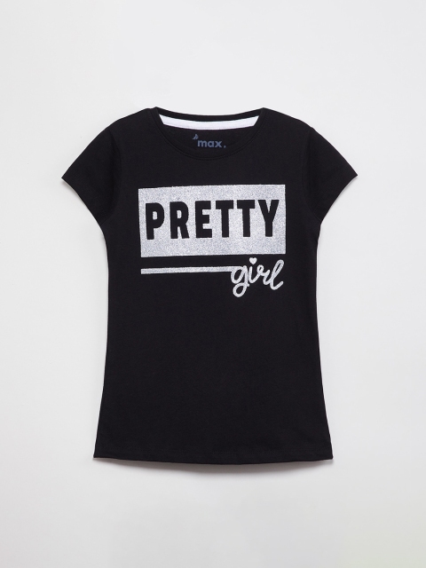 

max Girls Black Printed Round Neck T-shirt