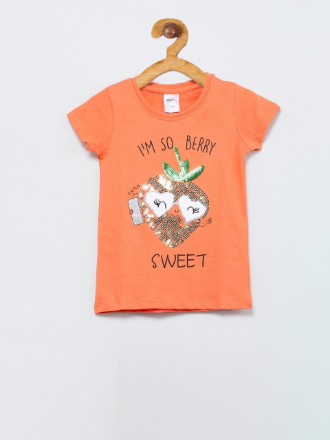 

max Girls Orange Self Design Round Neck T-shirt