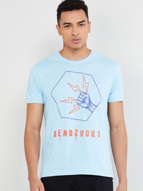 

max Men Blue Printed Round Neck T-shirt