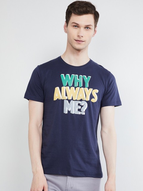 

max Men Navy Blue Printed Round Neck T-shirt