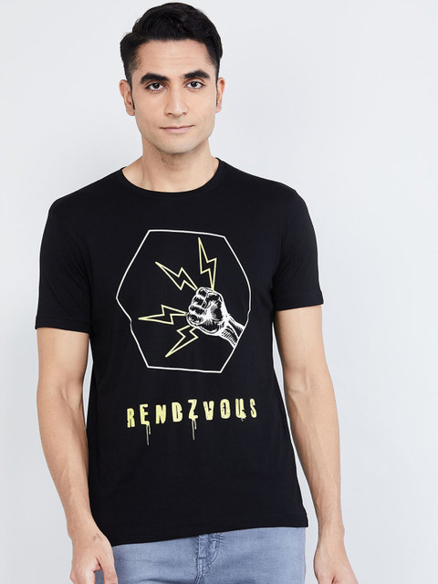

max Men Black Printed Round Neck T-shirt