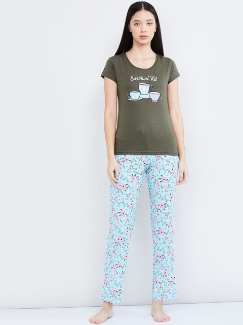 

max Women Olive Green & Turquoise Blue Printed Night Suit