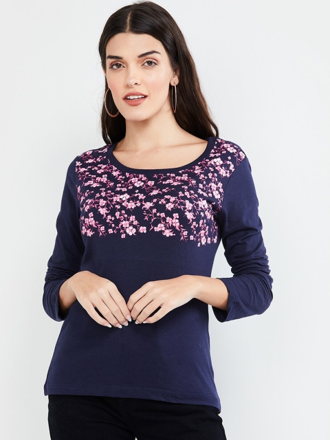 

max Women Navy Blue Printed Round Neck T-shirt