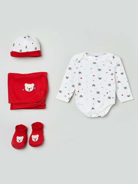 

MAX White & Red Printed Romper with Cap, Booties and Wrapper