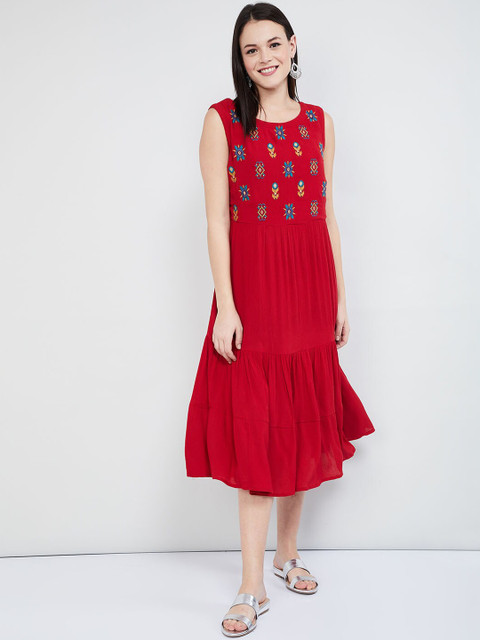 

max Women Red Embroidered A-Line Dress
