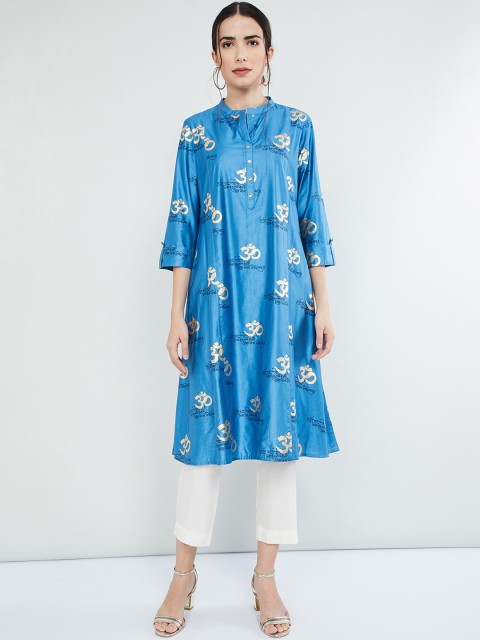 

max Women Blue & White Printed A-Line Panelled Kurta