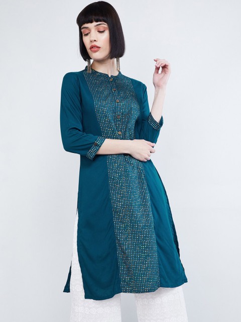 

max Women Teal Blue & Gold Foil Print Straight Kurta